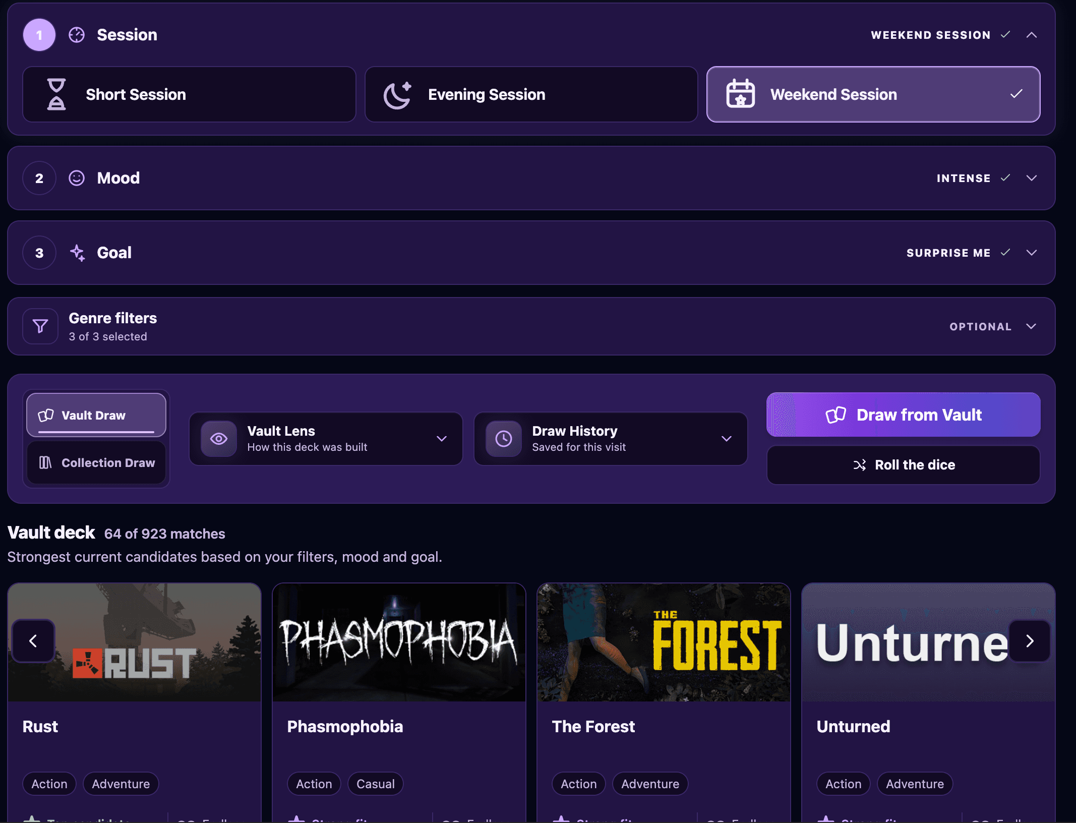 The new VaultShuffle game picker with Weekend Session, Intense and Surprise Me selected above its Steam game deck