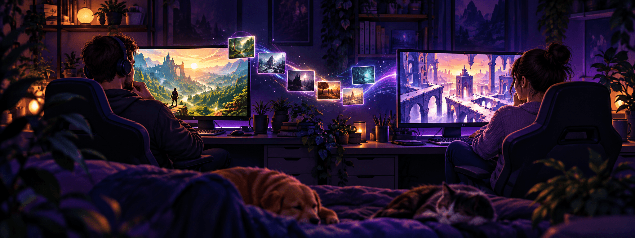 Two household members discovering different games at their PC gaming desks